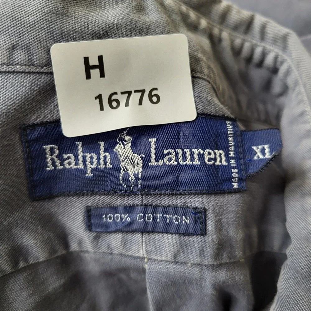 VINTAGE Ralph Lauren Men Button Up Shirt XL Blue Short Sleeve Solid Cotton READ
